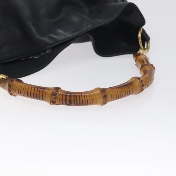 GUCCI Bamboo Hand Bag Leather Black Gold 001 0166 1638 Auth 130572 - Picture 16 of 16